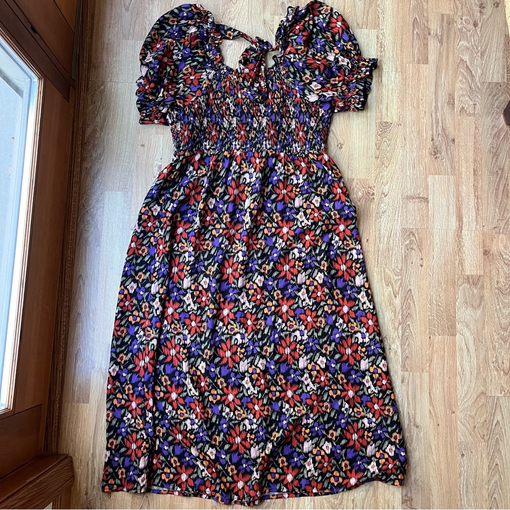 Beach Lunch Lounge Floral Smocked Tie Back Midi Maxi Shirt Dress Size Medium